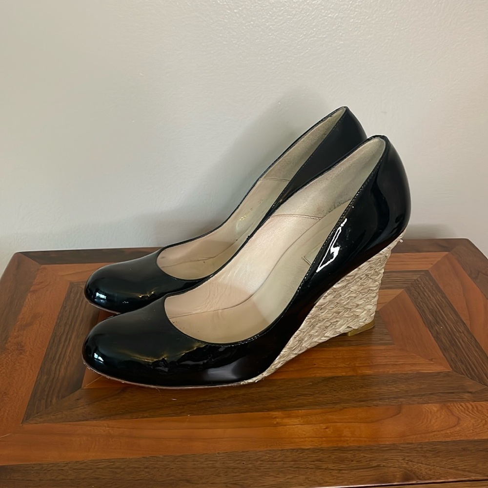LK Bennett Black Patent Leather Espadrille Wedge Heels